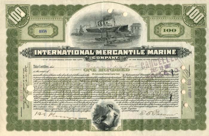 International Mercantile Marine signed by Francis I. DuPont - Co. that Made the Titanic - Stock Certificate